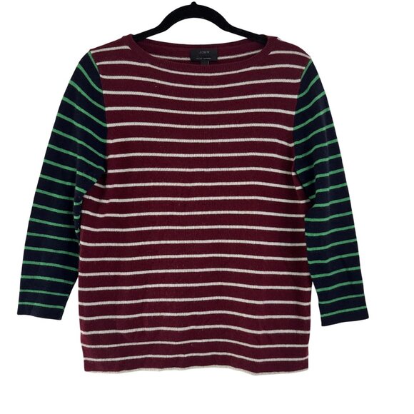 J. Crew Sweaters - J. Crew Womens Burgundy/Green Cashmere 3/4 Sleeve Striped Round Neck Size S